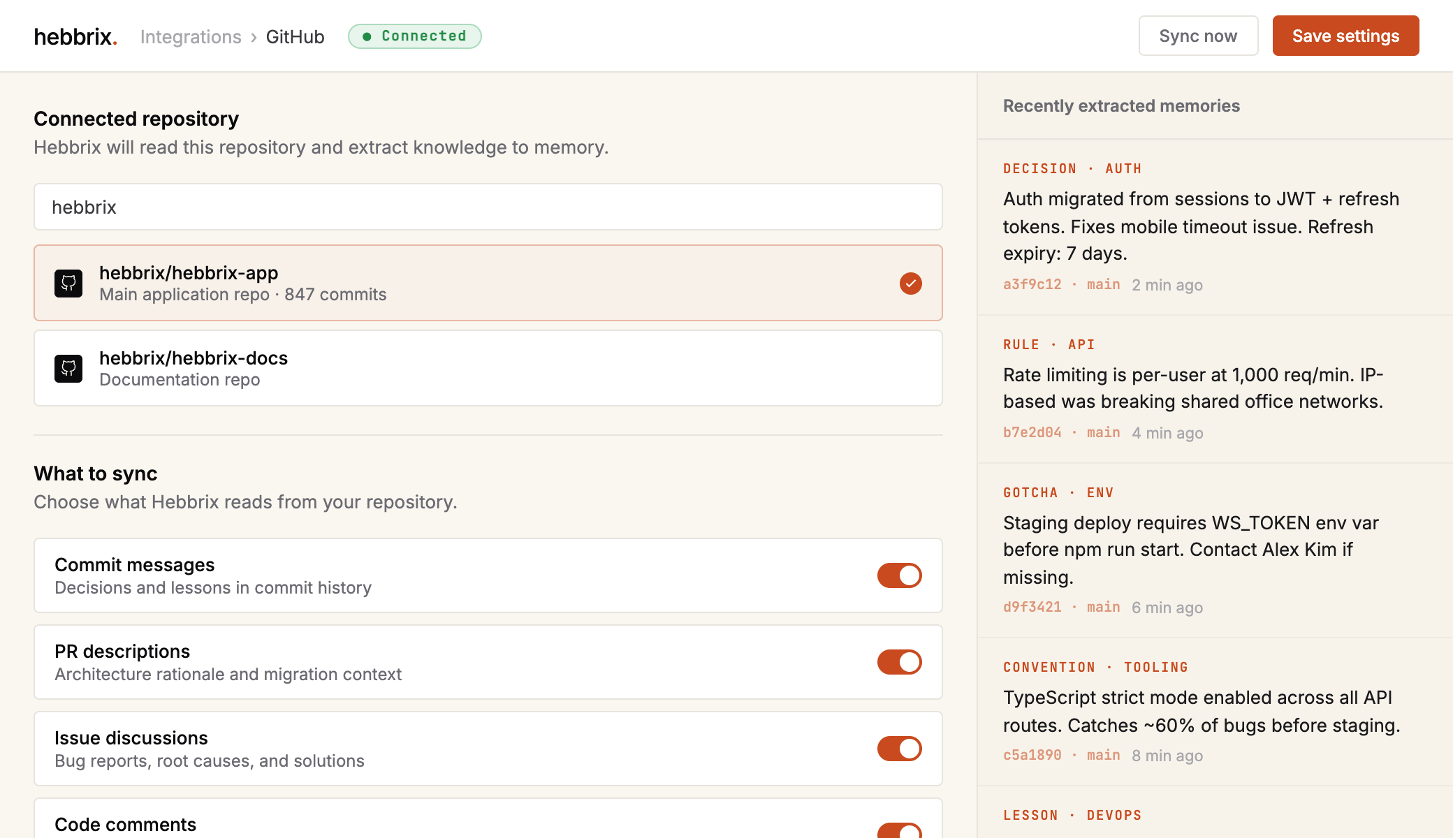 Hebbrix dashboard connecting a GitHub repo with sync toggles and extracted memories