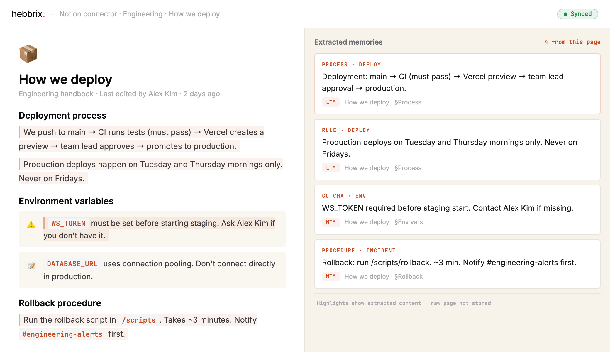 A Notion workspace beside the same content as searchable Hebbrix memory cards with a linked relationship highlighted