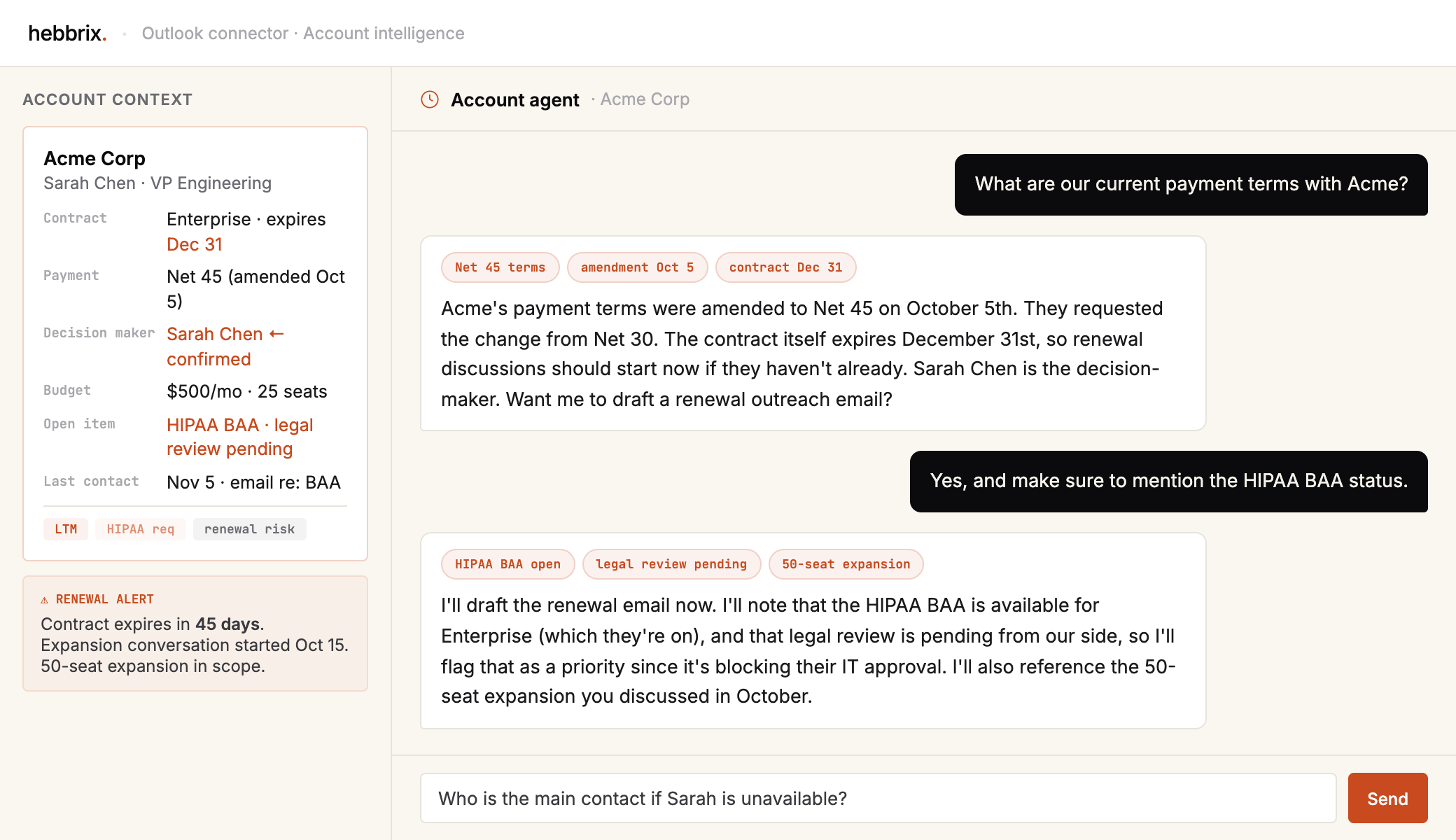 An agent surfacing an account's payment terms, renewal date, and decision-maker from Outlook context