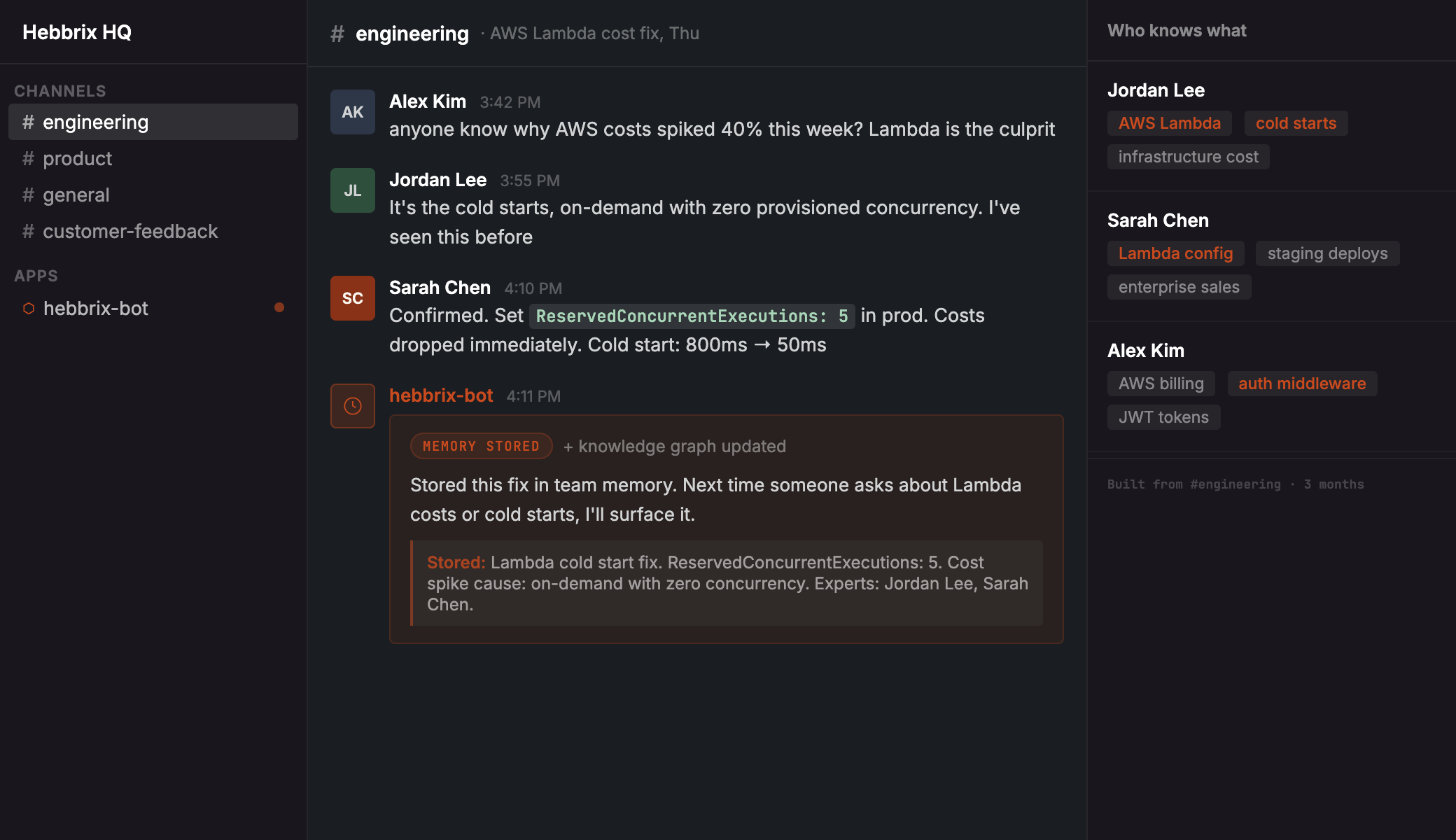 An agent reply citing a Lambda fix learned from a Slack channel, with a panel naming the team expert